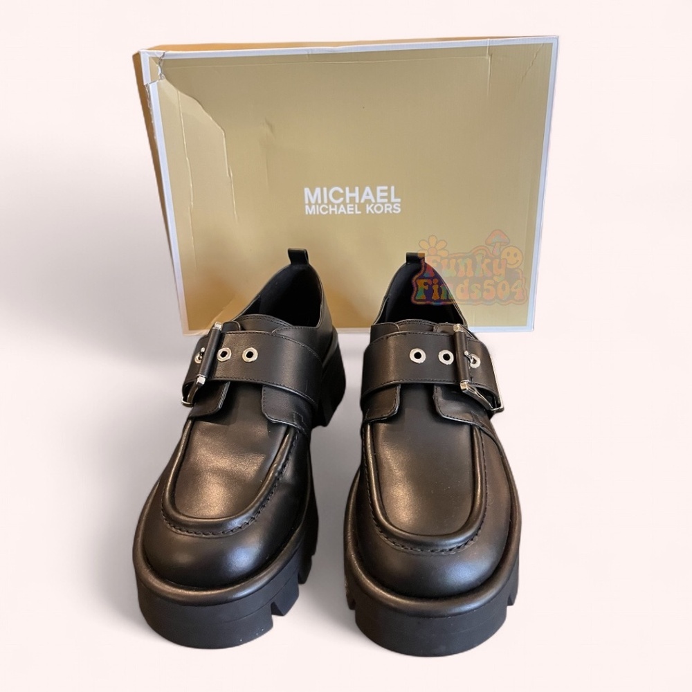 NWT Michael Kors Colby Leather Platform Black Chic Edgy Retro Loafers Size 8.5 - Picture 2 of 11